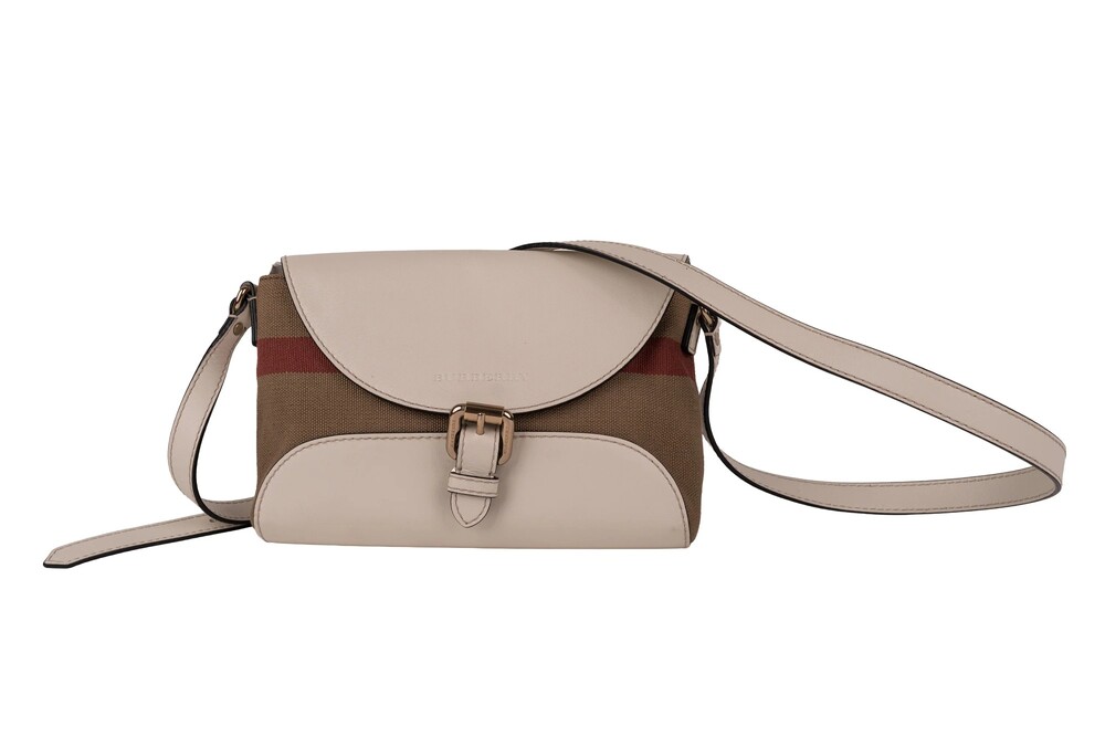 Burberry Brown Checkered Henham Crossbody House Check Canvas Leather Gold Hardwa